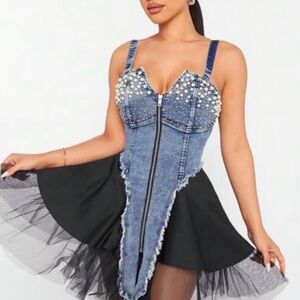 SHEIN Blue and Black Mini Dress with Pearl Details